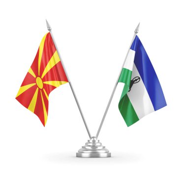 Lesotho ve Kuzey Makedonya masa bayrakları beyaz 3D rendelemeye izole edildi