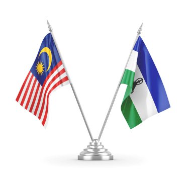 Lesotho ve Malezya masa bayrakları beyaz 3D görüntüleme üzerinde izole