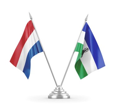 Lesotho ve Hollanda masa bayrakları beyaz 3D görüntüleme üzerinde izole