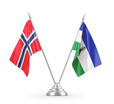 Lesotho ve Norveç masa bayrakları beyaz 3D görüntüleme üzerinde izole