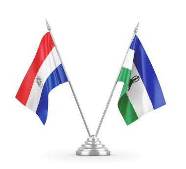 Lesotho ve Paraguay masa bayrakları beyaz 3D görüntüleme üzerinde izole