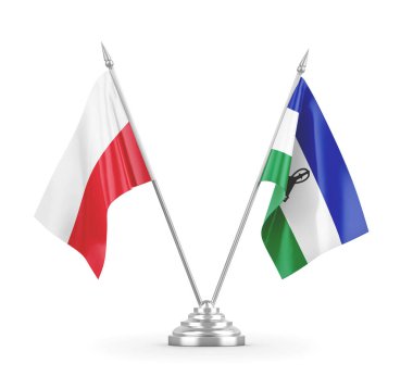 Lesotho ve Polonya masa bayrakları beyaz 3D görüntüleme üzerinde izole edildi