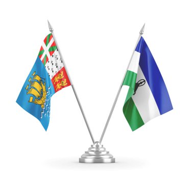 Lesotho ve Saint Pierre ve Miquelon masa bayrakları beyaz 3D görüntüleme