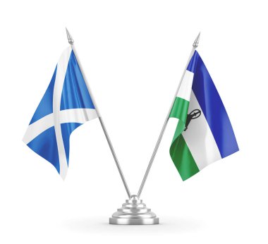 Lesotho ve İskoçya masa bayrakları beyaz 3D görüntüleme üzerinde izole