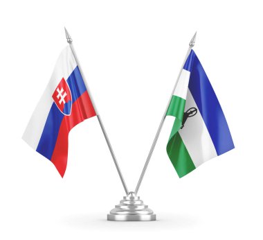 Lesotho ve Slovakya masa bayrakları beyaz 3D görüntüleme üzerinde izole