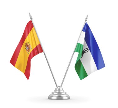 Lesotho ve İspanya masa bayrakları beyaz 3D görüntüleme üzerinde izole