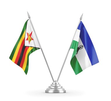 Lesotho ve Zimbabwe masa bayrakları beyaz 3D görüntüleme üzerinde izole