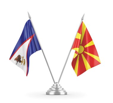 Kuzey Makedonya ve Amerikan Samoa masa bayrakları beyaz 3D görüntülere izole edildi