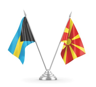 Kuzey Makedonya ve Bahamalar masa bayrakları beyaz 3D görüntülere izole edildi 