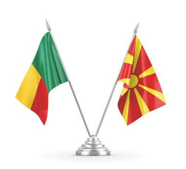 Kuzey Makedonya ve Benin masa bayrakları beyaz 3D görüntülere izole edildi 