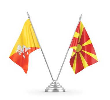 Kuzey Makedonya ve Bhutan masa bayrakları beyaz 3D görüntülere izole edildi 