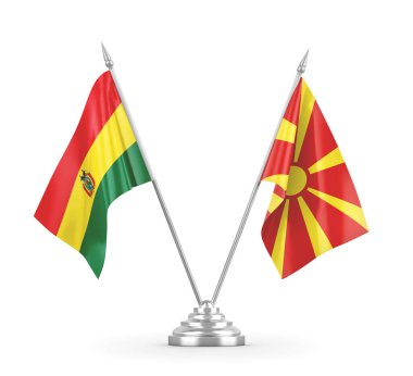 Kuzey Makedonya ve Bolivya masa bayrakları beyaz 3D rendelemeye izole edildi 