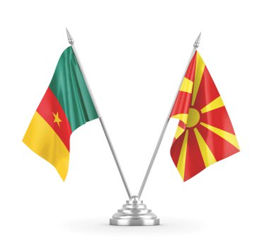 Kuzey Makedonya ve Kamerun masa bayrakları beyaz 3D görüntüleme üzerinde izole edildi 