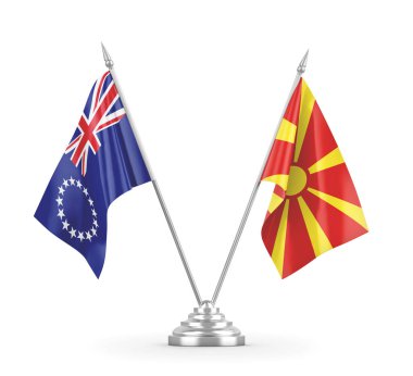 Kuzey Makedonya ve Cook Adaları masa bayrakları beyaz 3D görüntüleme üzerinde izole edildi