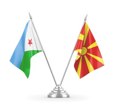 Kuzey Makedonya ve Cibuti masa bayrakları beyaz 3D görüntülere izole edildi