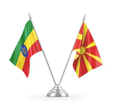 Kuzey Makedonya ve Etiyopya masa bayrakları beyaz 3D görüntülere izole edildi