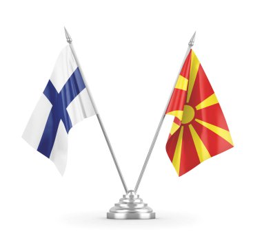 Kuzey Makedonya ve Finlandiya 'nın bayrakları beyaz 3D görüntülere izole edildi