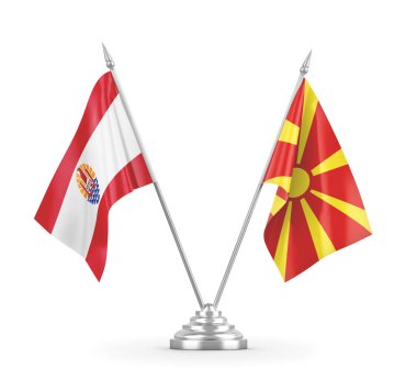 Kuzey Makedonya ve Fransız Polinezya masa bayrakları beyaz 3D rendelemeye izole edildi