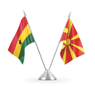 Kuzey Makedonya ve Gana masa bayrakları beyaz 3D görüntülere izole edildi