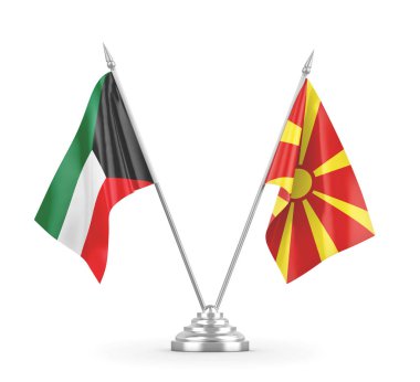 Kuzey Makedonya ve Kuveyt masa bayrakları beyaz 3D görüntülere izole edildi