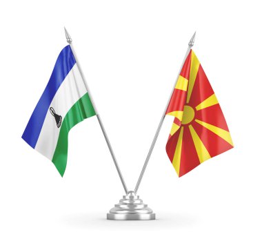 Kuzey Makedonya ve Lesotho masa bayrakları beyaz 3D görüntülere izole edildi