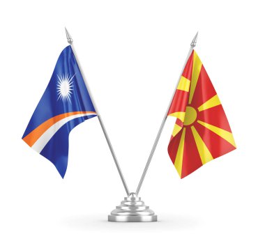 Kuzey Makedonya ve Marshall Adaları masa bayrakları beyaz 3D görüntülere izole edildi