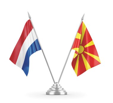 Kuzey Makedonya ve Hollanda 'nın bayrakları beyaz 3D rendelemede izole edildi