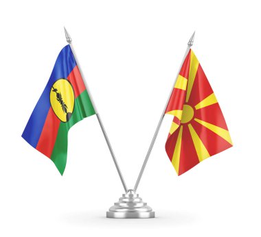 Kuzey Makedonya ve Yeni Kaledonya masa bayrakları beyaz 3D görüntülere izole edildi