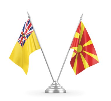 Kuzey Makedonya ve Niue masa bayrakları beyaz 3D görüntülere izole edildi