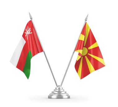 Kuzey Makedonya ve Umman masa bayrakları üç boyutlu beyaz renge izole edildi