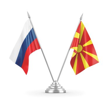 Kuzey Makedonya ve Rusya 'nın bayrakları beyaz 3D görüntülere izole edildi