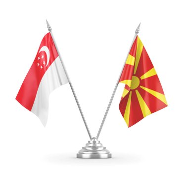 Kuzey Makedonya ve Singapur masa bayrakları beyaz 3D görüntüleme üzerinde izole edildi