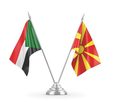 Kuzey Makedonya ve Sudan masa bayrakları üç boyutlu beyaz renge izole edildi
