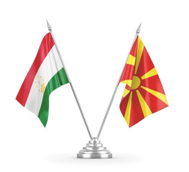 Kuzey Makedonya ve Tacikistan 'daki masa bayrakları beyaz 3D görüntülere izole edildi