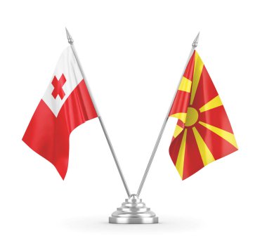 Kuzey Makedonya ve Tonga masa bayrakları üç boyutlu beyaz renge izole edildi