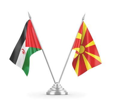 Kuzey Makedonya ve Batı Sahra masa bayrakları beyaz 3D görüntülere izole edildi