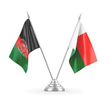 Madagaskar ve Afganistan masa bayrakları beyaz 3D görüntüleme üzerinde izole edildi 