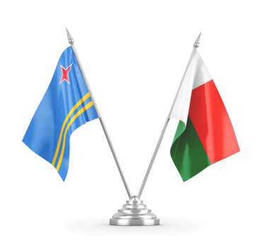 Madagaskar ve Aruba masa bayrakları beyaz 3D görüntüleme üzerinde izole