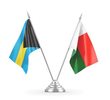 Madagaskar ve Bahamalar masa bayrakları beyaz 3D görüntüleme üzerinde izole 