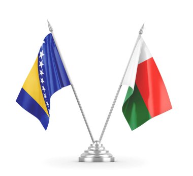 Madagaskar ve Bosna-Hersek masa bayrakları beyaz 3D görüntüleme üzerinde izole edildi 