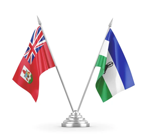 Banderas de mesa Lesotho y Bermudas aisladas en renderizado 3D blanco — Foto de Stock