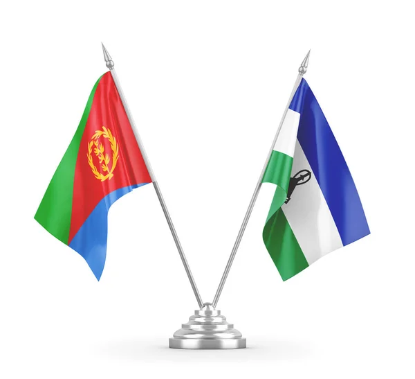 Lesotho und Eritrea Tischfahnen isoliert auf weißem 3D-Rendering — Stockfoto