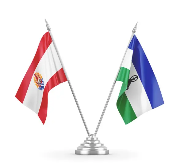 Banderas de mesa Lesotho y Polinesia Francesa aisladas en renderizado 3D blanco — Foto de Stock