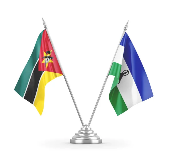 Banderas de mesa Lesotho y Mozambique aisladas en renderizado 3D blanco — Foto de Stock