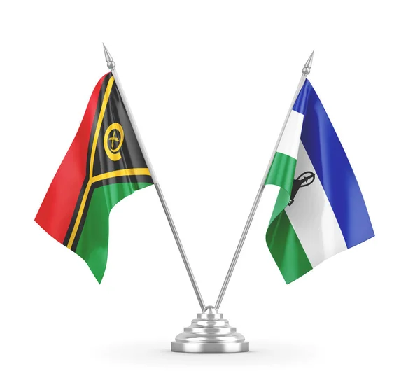 Banderas de mesa Lesotho y Vanuatu aisladas en renderizado 3D blanco — Foto de Stock
