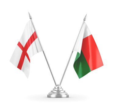 Madagaskar ve İngiltere masa bayrakları beyaz 3D görüntüleme üzerinde izole edildi