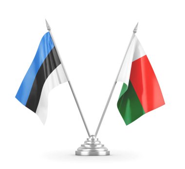 Madagaskar ve Estonya masa bayrakları beyaz 3D görüntüleme üzerinde izole edildi