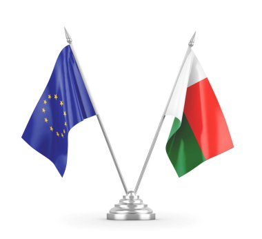 Madagaskar ve Avrupa Birliği bayrakları beyaz 3D görüntüleme üzerinde izole edildi