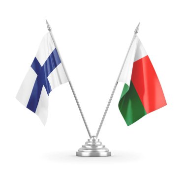 Madagaskar ve Finlandiya masa bayrakları beyaz 3D görüntüleme üzerinde izole edildi