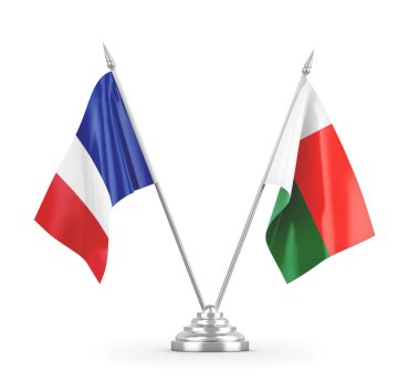 Madagaskar ve Fransa masa bayrakları beyaz 3D görüntüleme üzerinde izole edildi
